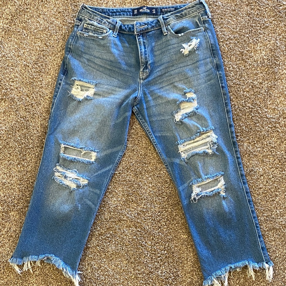 Hollister High-Rise Slim Straight Distressed Blue Cropped Jeans